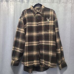 Cabela's Brown Cream‎ Plaid Shirt Mens XLT Hunting EMBROiDERED DEER LOGO